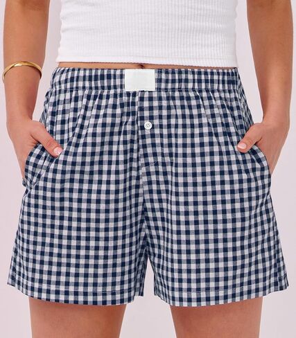 Womens Boxer Shorts Cotton Summer Casual Pajama Y2K Sleep Gingham Plaid Shorts Bottom with Pockets in Kuwait