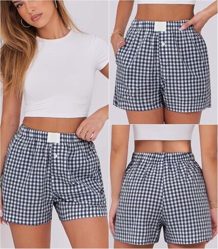 Womens Boxer Shorts Cotton Summer Casual Pajama Y2K Sleep Gingham Plaid Shorts Bottom with Pockets in Kuwait