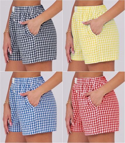 Womens Boxer Shorts Cotton Summer Casual Pajama Y2K Sleep Gingham Plaid Shorts Bottom with Pockets in Kuwait
