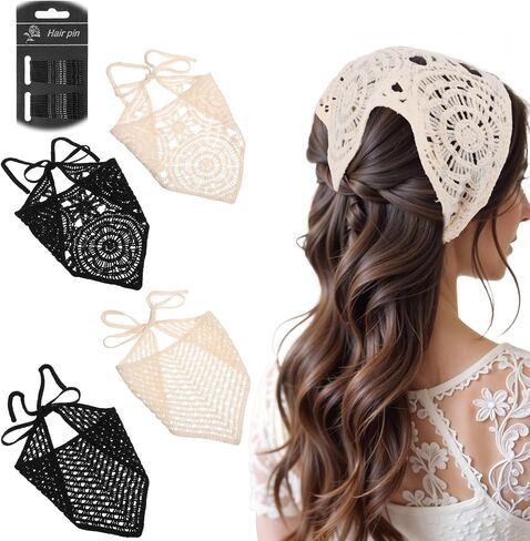 4pcs crochet bandanas عصابات رأس ، وشاح رأس الكروشيه ، ربطة عنق قابلة للتعديل ، شحمة رأس خمر ، وشاح الشعر مع 24 مساءً مقطع من قطعة واحدة للنساء إكسسوارات الشعر للنساء in Saudi Arabia