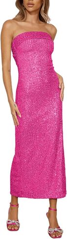Women Strapless midi Sequin Dresses Bodycon Sleeveless Wedding Guest Sparkly Glitter Formal Cocktail Dress in Saudi Arabia