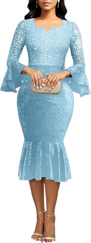 Midi Lace Dress for Women Sexy Bodycon Fishtail Dress Elegance Cocktail Party Banquet Church Outfits in Saudi Arabia