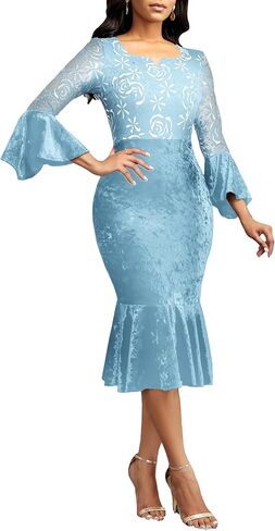 Midi Lace Dress for Women Sexy Bodycon Fishtail Dress Elegance Cocktail Party Banquet Church Outfits in Saudi Arabia