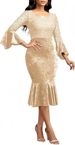 Midi Lace Dress for Women Sexy Bodycon Fishtail Dress Elegance Cocktail Party Banquet Church Outfits in Saudi Arabia
