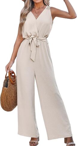 CUPSHE Women's Sleeveless V Neck Wrap Tie Front Eyelet Dressy Work Summer Wide Leg Beach Vacation Jumpsuits in Saudi Arabia