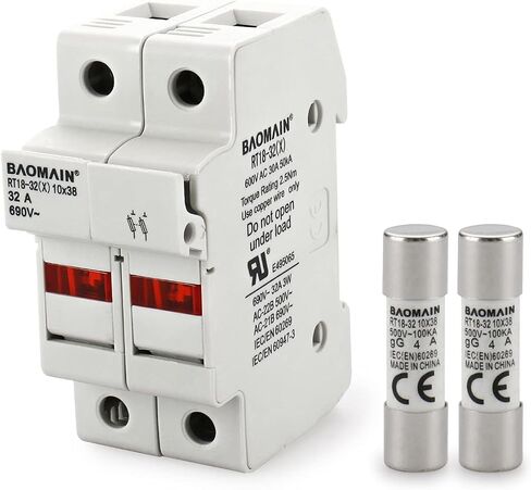 Baomain Cylindrical Fuse Holder RT18-32(X) 10mm X 38mm Fuse Base 2 Poles DIN Rail Mount with 10 PCS of RO15 Fuse (16 Amp) CE Listed in Saudi Arabia