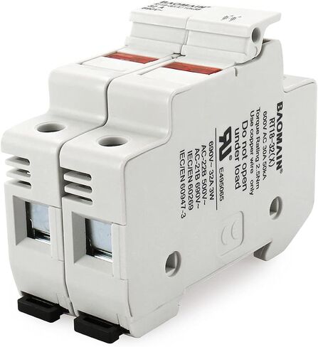 Baomain Cylindrical Fuse Holder RT18-32(X) 10mm X 38mm Fuse Base 2 Poles DIN Rail Mount with 10 PCS of RO15 Fuse (16 Amp) CE Listed in Saudi Arabia