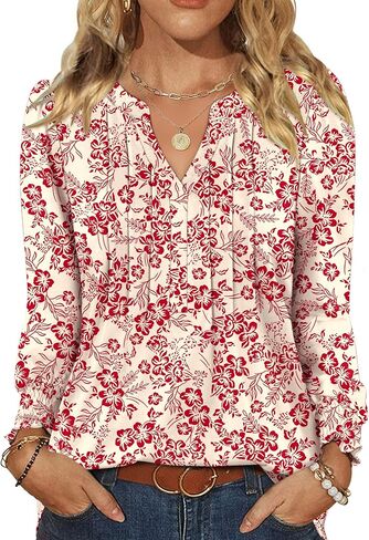 LOMON Womens Tops Dressy Casual Pleated Ruffle Long Sleeve Tunics Tops to Wear with Leggings V Neck Work Blouse in Saudi Arabia