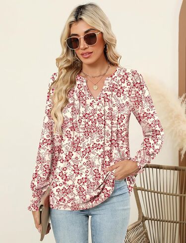 LOMON Womens Tops Dressy Casual Pleated Ruffle Long Sleeve Tunics Tops to Wear with Leggings V Neck Work Blouse in Saudi Arabia