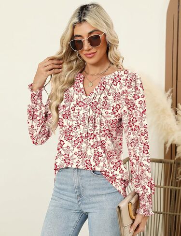 LOMON Womens Tops Dressy Casual Pleated Ruffle Long Sleeve Tunics Tops to Wear with Leggings V Neck Work Blouse in Saudi Arabia