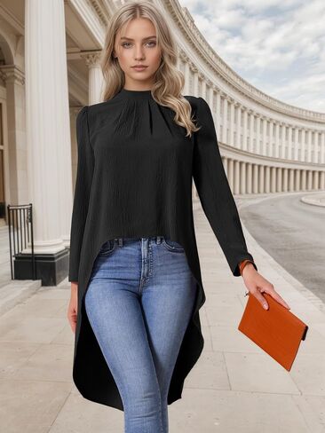 Seta T Women's High Low Tops Long Sleeve Back Keyhole Round Neck Asymmetrical Hem Tops Dressy Casual Blouse in Saudi Arabia