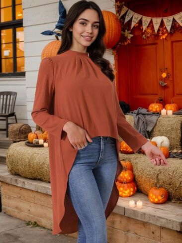 Seta T Women's High Low Tops Long Sleeve Back Keyhole Round Neck Asymmetrical Hem Tops Dressy Casual Blouse in Saudi Arabia