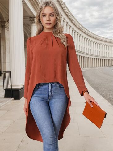 Seta T Women's High Low Tops Long Sleeve Back Keyhole Round Neck Asymmetrical Hem Tops Dressy Casual Blouse in Saudi Arabia