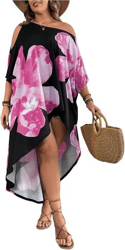 Verdusa Women's Plus Size Floral Cold Shoulder 3/4 Sleeve Oversized Tunics Tshirt Loose Dress Summer Vacation Beach Outfits in Saudi Arabia