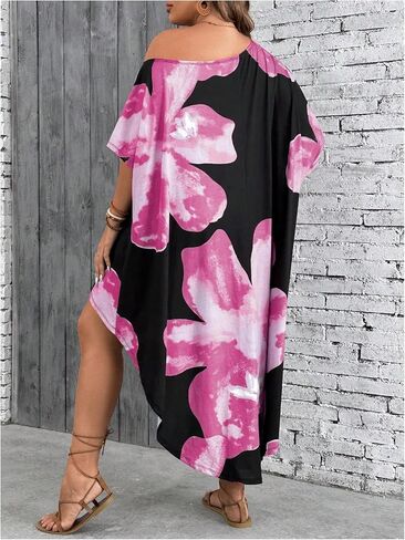 Verdusa Women's Plus Size Floral Cold Shoulder 3/4 Sleeve Oversized Tunics Tshirt Loose Dress Summer Vacation Beach Outfits in Saudi Arabia