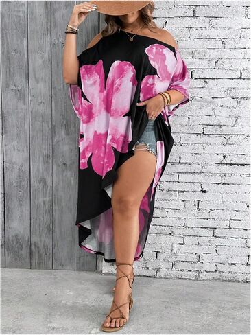 Verdusa Women's Plus Size Floral Cold Shoulder 3/4 Sleeve Oversized Tunics Tshirt Loose Dress Summer Vacation Beach Outfits in Saudi Arabia