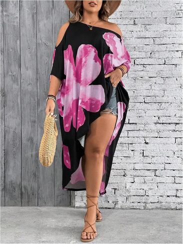 Verdusa Women's Plus Size Floral Cold Shoulder 3/4 Sleeve Oversized Tunics Tshirt Loose Dress Summer Vacation Beach Outfits in Saudi Arabia