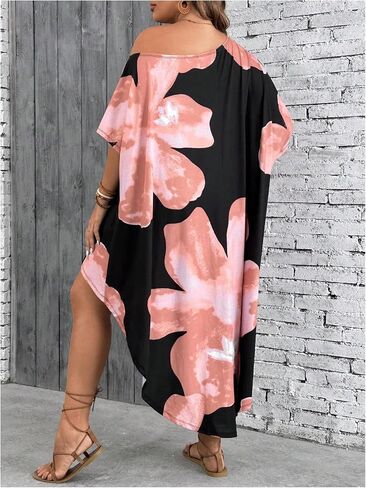 Verdusa Women's Plus Floral Counder 3/4 Sleeve Eversive Thirt Tshirt Dress Frast in Kuwait