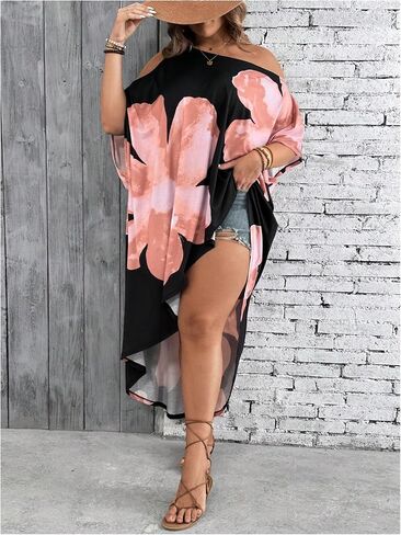 Verdusa Women's Plus Floral Counder 3/4 Sleeve Eversive Thirt Tshirt Dress Frast in Kuwait