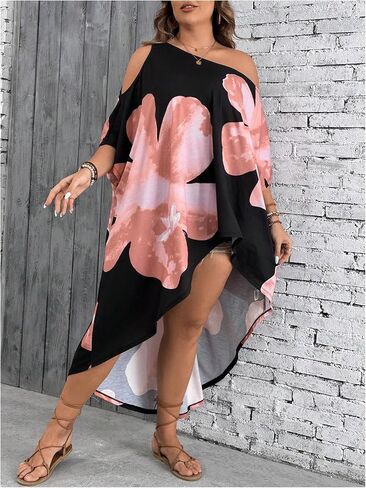 Verdusa Women's Plus Floral Counder 3/4 Sleeve Eversive Thirt Tshirt Dress Frast in Kuwait