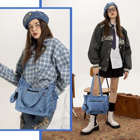 Denim Tote Bag, Large Capacity Jean Purses for Women Denim Crossbody Handbags with Small Purse in Saudi Arabia