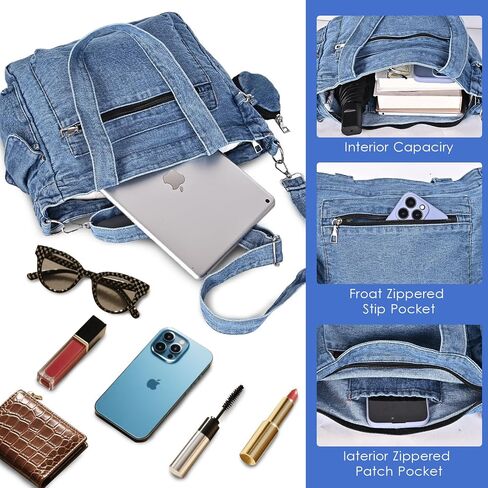 Denim Tote Bag, Large Capacity Jean Purses for Women Denim Crossbody Handbags with Small Purse in Saudi Arabia