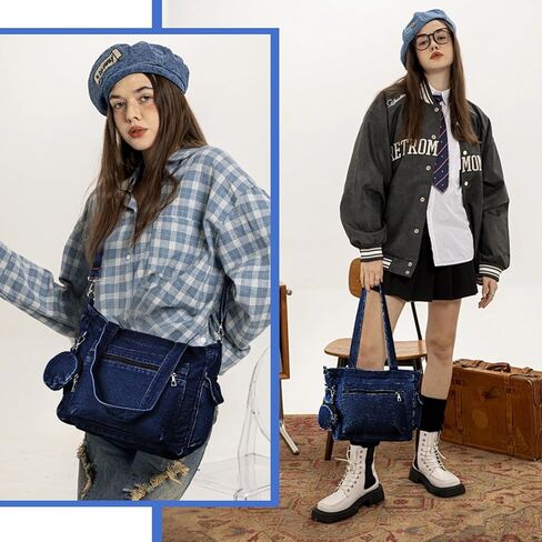 Denim Tote Bag, Large Capacity Jean Purses for Women Denim Crossbody Handbags with Small Purse in Kuwait