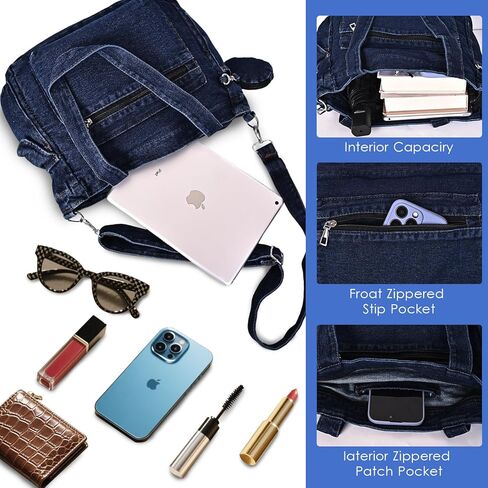 Denim Tote Bag, Large Capacity Jean Purses for Women Denim Crossbody Handbags with Small Purse in Kuwait