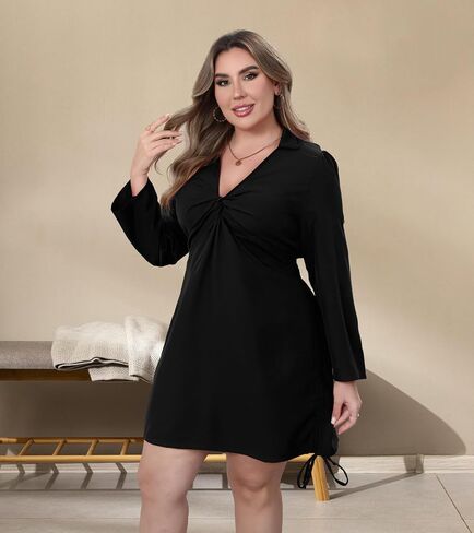Women‘s Plus Size Dress Long Sleeve V Neck A Line Mini Short Cocktail Summer Casual Dress in Kuwait