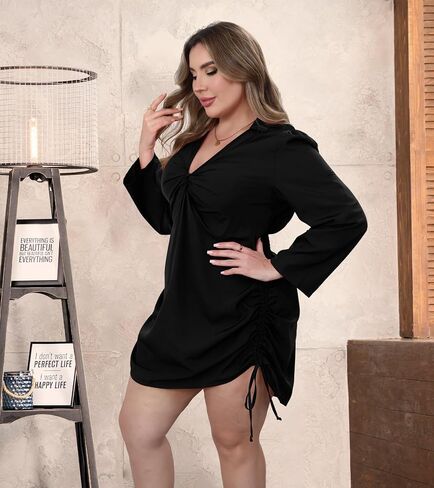 Women‘s Plus Size Dress Long Sleeve V Neck A Line Mini Short Cocktail Summer Casual Dress in Kuwait