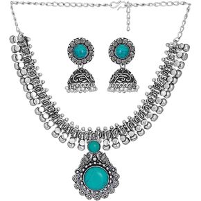 Jwellmart Indian Oxidized German Silver Stone Work Statement Choker Necklace Earrings Combo Fashion Jewelry Set for Women and Girls