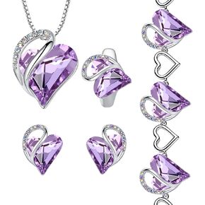 Leafael Infinity Love Heart Necklace, Stud Earrings, Bracelet, and Ring Set, June Birthstone Crystal Jewelry, Silver Tone Gifts for Women, Alexandrite Light Purple