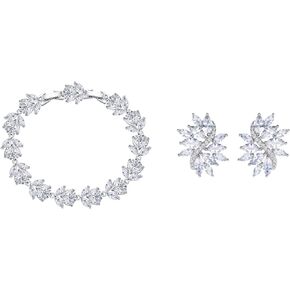 EVER FAITH Wedding Jewerly White Marquise Cubic Zirconia Birthstone Bridal Floral Leaf Pierced Stud Earrings Tennis Bracelet Jewelry Set