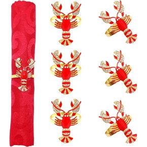 Lobster Napkin Rings Set of 6 Metal Napkin Holder Crystal Serviette Buckle for Coastal Ocean Theme Wedding Party Family Gathering Table Setting Decorations(Red,6)