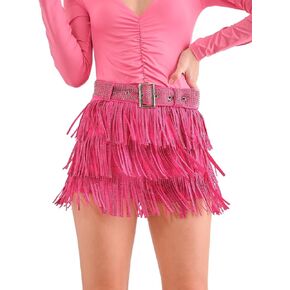 Womens Sparkle Rhinestone Fringe Shorts Pants Elastic Band Skort Western Cowgirl Mini Skirt Built-in Short
