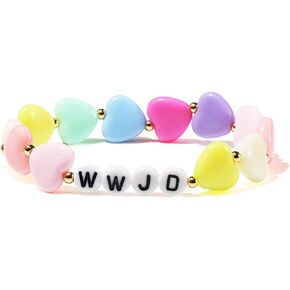 Caiyao Lightweight Rainbow Heart Beaded WWJD Stretch Bracelet for Women What Would Jesus Do Handmade Elastic Love Peach Beaded Bracelets Teen Girls Jewelry