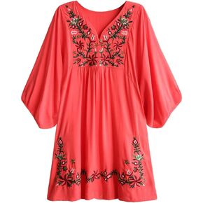 Kafeimali Women's Summer Mini Dress Bohemian Embroidery Tunic Shift Blouse