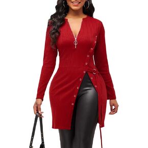 Women's Long Sleeve Tops Sexy Side Split Tunic Zip Up V Neck Asymmetric Hem Slim Ribbed Longline Shirts Blouses