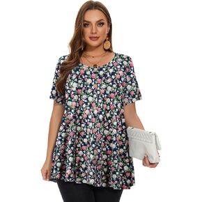 LARACE Plus Size Tunic Tops for Women Summer Short Sleeve Buttons Loose Fit Shirts