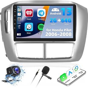Camecho 2G+64G Android 13 Car Stereo for 2006-2008 Honda Pilot Radio 9" Touch Screen with Wireless Apple Carplay & Android Auto, Car Radio with Bluetooth GPS WiFi EQ 1080P SWC + AHD Backup Camera