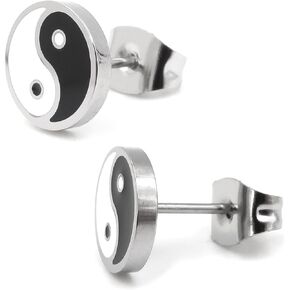 Stainless Steel Black White Yin Yang Post Stud Earrings 8mm