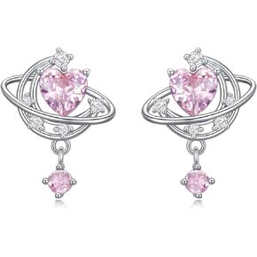 Sterling Silver Pink CZ Heart Stud Earrings For Women Girl Wife Girlfriend Cubic Zirconia Moon Star Earrings Jewelry Gifts for Valentine's Day Christmas Birthday Anniversary Day, Sterling