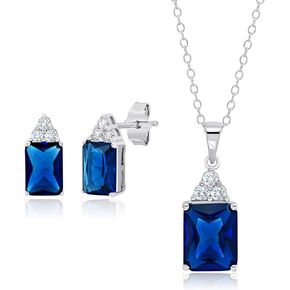 MAX + STONE Sterling Silver Simulated Blue and White Sapphire Emerald Cut Pendant Necklace and Stud Earring Jewelry Set