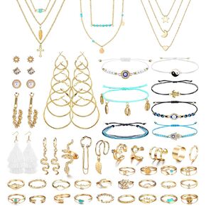 ORAZIO 52 Pcs Jewelry Sets for Women Layered Necklace Adjustable Braided Bracelets Set Dangle Stud Hoop Earrings CZ Stackable Knuckle Ring Set Fashion Ear Cuff Set Silver Gold Women's Jewelry Sets
