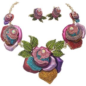 Rosemarie & Jubalee Women's Mesmerizing Rainbow Rose Crystal Flowers Statement Gold Tone Necklace Earrings Rhinestone Set, 15"+3" Extender