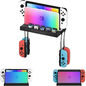 Hosanwell Switch Wall Mount, RGB Light Wall Mount for Switch/Switch OLED, with Hooks for 4 Joy-Cons, 10 Game Slots,Black