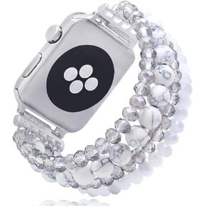 LuReen Stone Beaded Bracelet Compatible with Apple Watch Band Series Ultra/SE/9/8/7/6/5/4/3/2/1, Elastic Stretchy Watch Strap Wristband for iWatch Band 38mm/40mm/41mm/42mm/44mm/45mm/49mm Women Girls