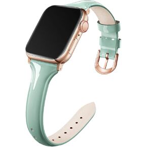 أساور نحيفة من الجلد الحاصل على براءة اختراع من Mazoft متوافقة مع سوار ساعة Apple 38 مم 40 مم 41 مم 42 مم 44 مم 45 مم 49 مم، حزام رفيع للنساء من الجلد اللامع لسلسلة iWatch Ultra2&1 9 8 7 6 5 SE 4 3 2 1 (أسود)