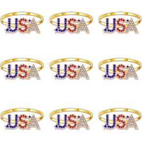 4th of July Patriotic Napkin Rings Set of 12, Enamel Independence Day America Flag Star Napkin Holder Rings, Rhinestone Letter USA Napkin Rings, Patriotic Party Dinner Table Decor (12PCS)