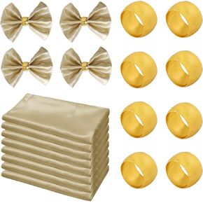 Gold Napkin Rings Plus Satin Cloth Napkins Set of 16, 17 x 17 inches Smooth Fabric Napkins with Metal Circle Napkin Holders for Wedding Birthday Banquet Parties Table Decoration (Black)
